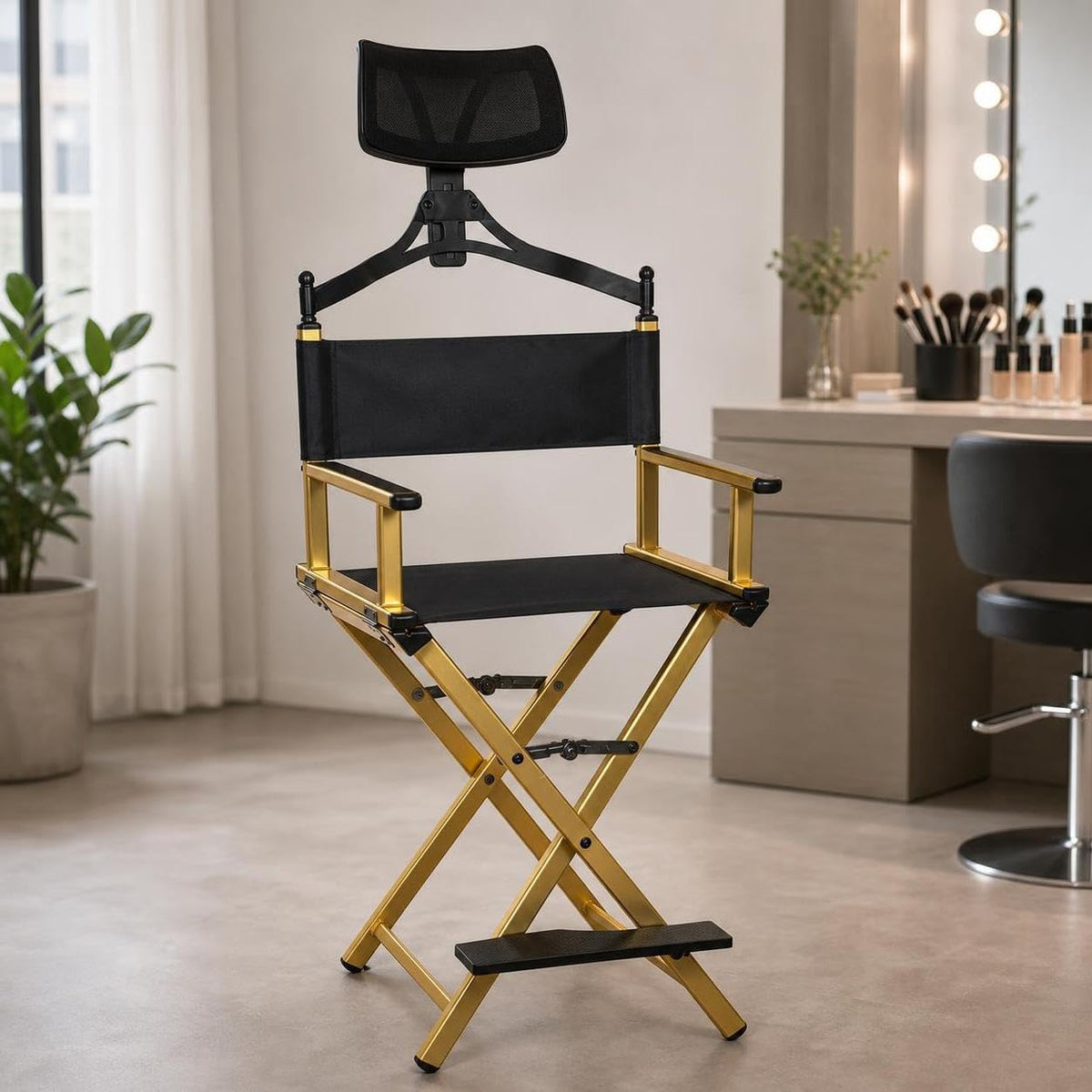 Aluminum Folding Director Chair with Headrest, Adjustable Height, Side Tray and Phone Holder Y7484