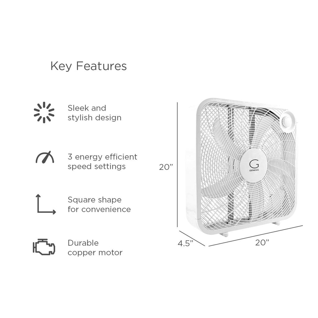 20" Box Fan, 3 Settings, Carry Handle, White M775