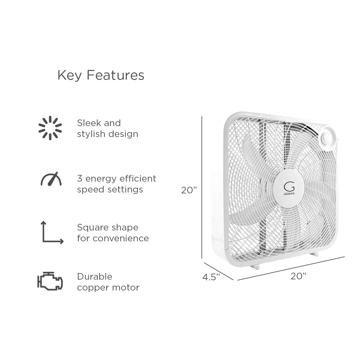20" Box Fan, 3 Settings, Carry Handle, White M775