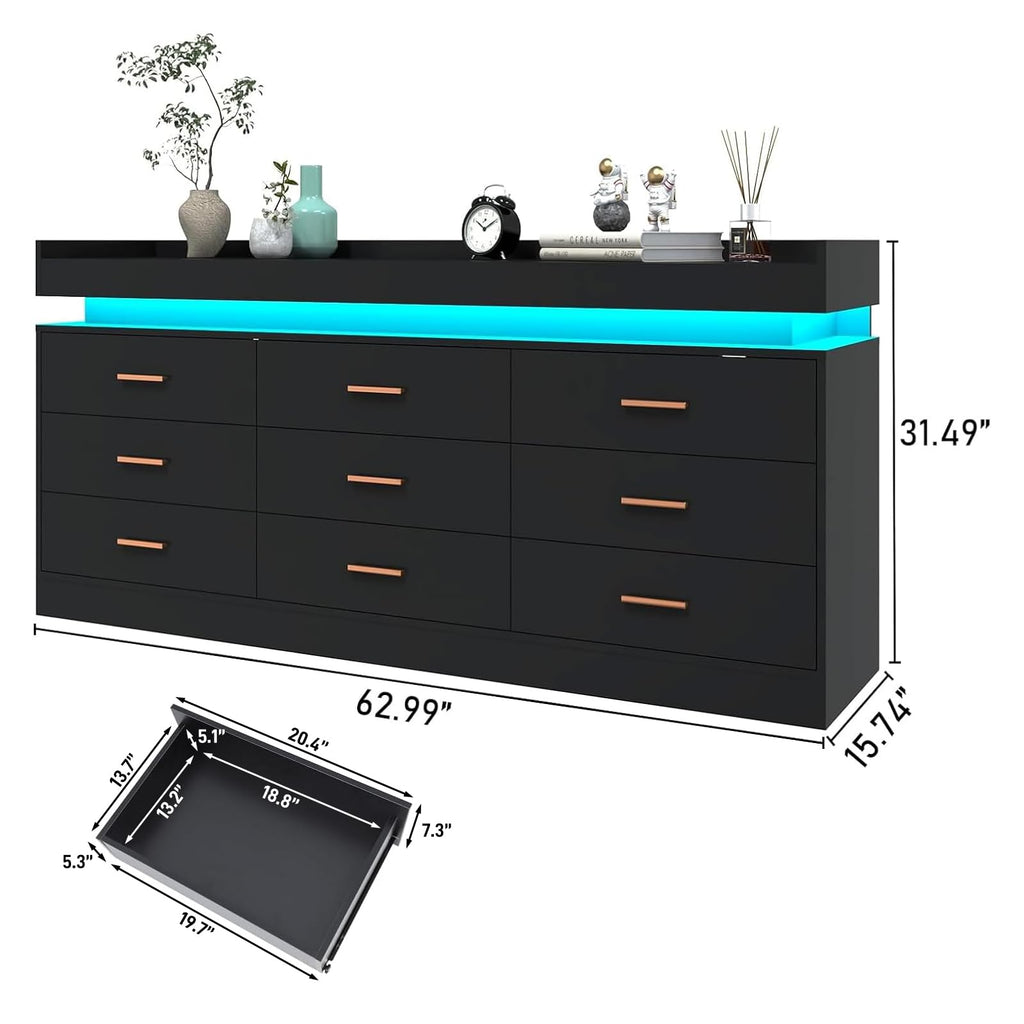9 Drawer Dresser with LED Light and Charging Station K68987