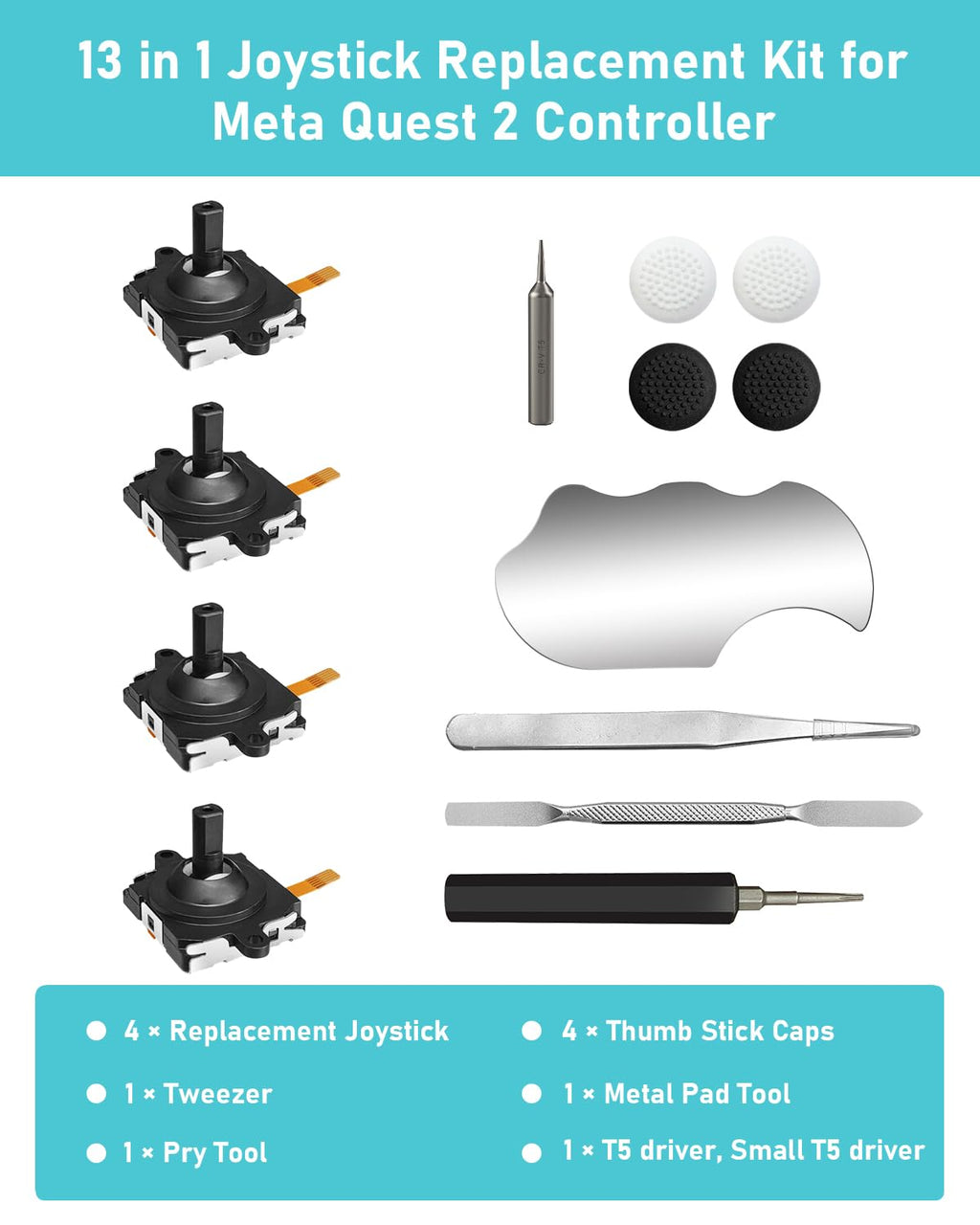 Joystick Replacement Kit for Controller, Include 2 Joysticks, T5 Screwdriver, Tweezer, Pry Tool, 4 Thumbstick Grips T705