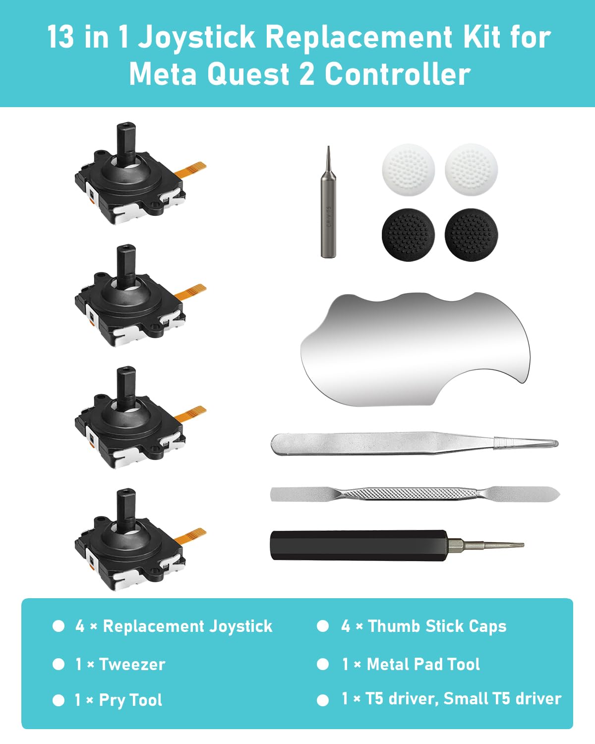 Joystick Replacement Kit for Controller, Include 2 Joysticks, T5 Screwdriver, Tweezer, Pry Tool, 4 Thumbstick Grips T705