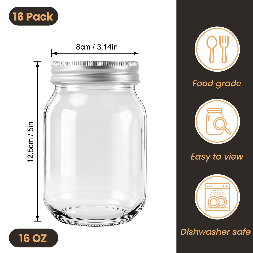 16 Pack 16 Oz Clear Glass Mason Jars V7460