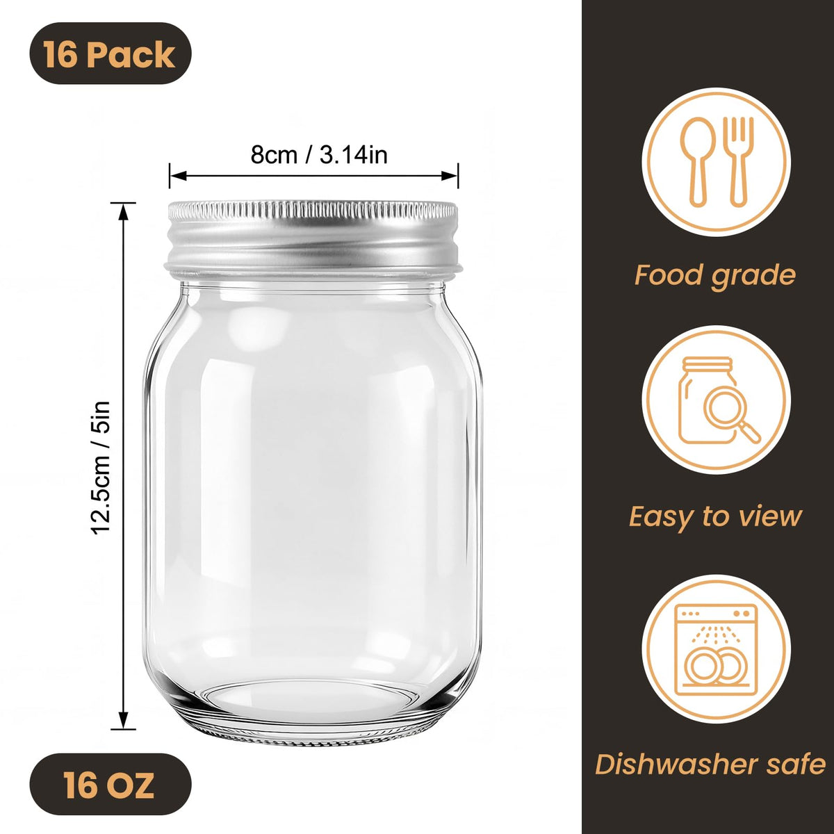 16 Pack 16 Oz Clear Glass Mason Jars V7460