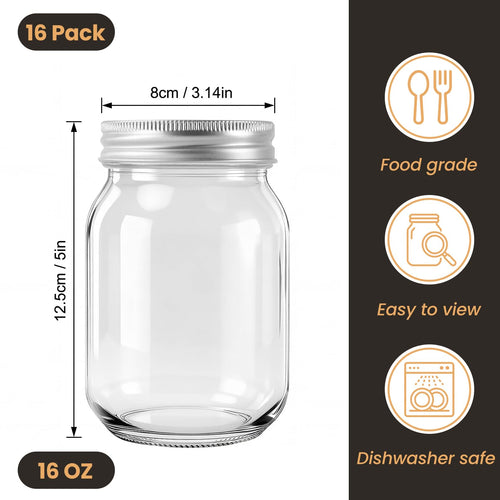 16 Pack 16 Oz Clear Glass Mason Jars V7460
