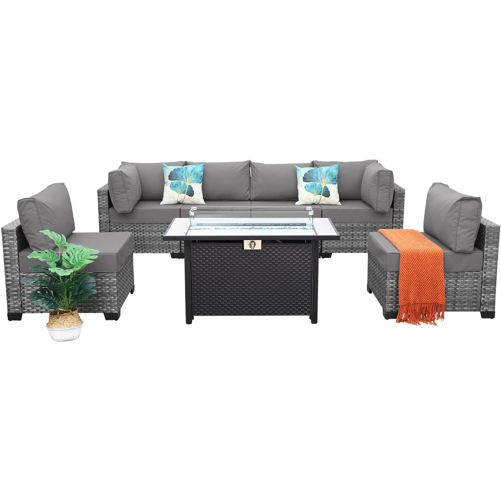 7 Pieces Wicker Patio Furniture Set with Fire Pit Table C7216