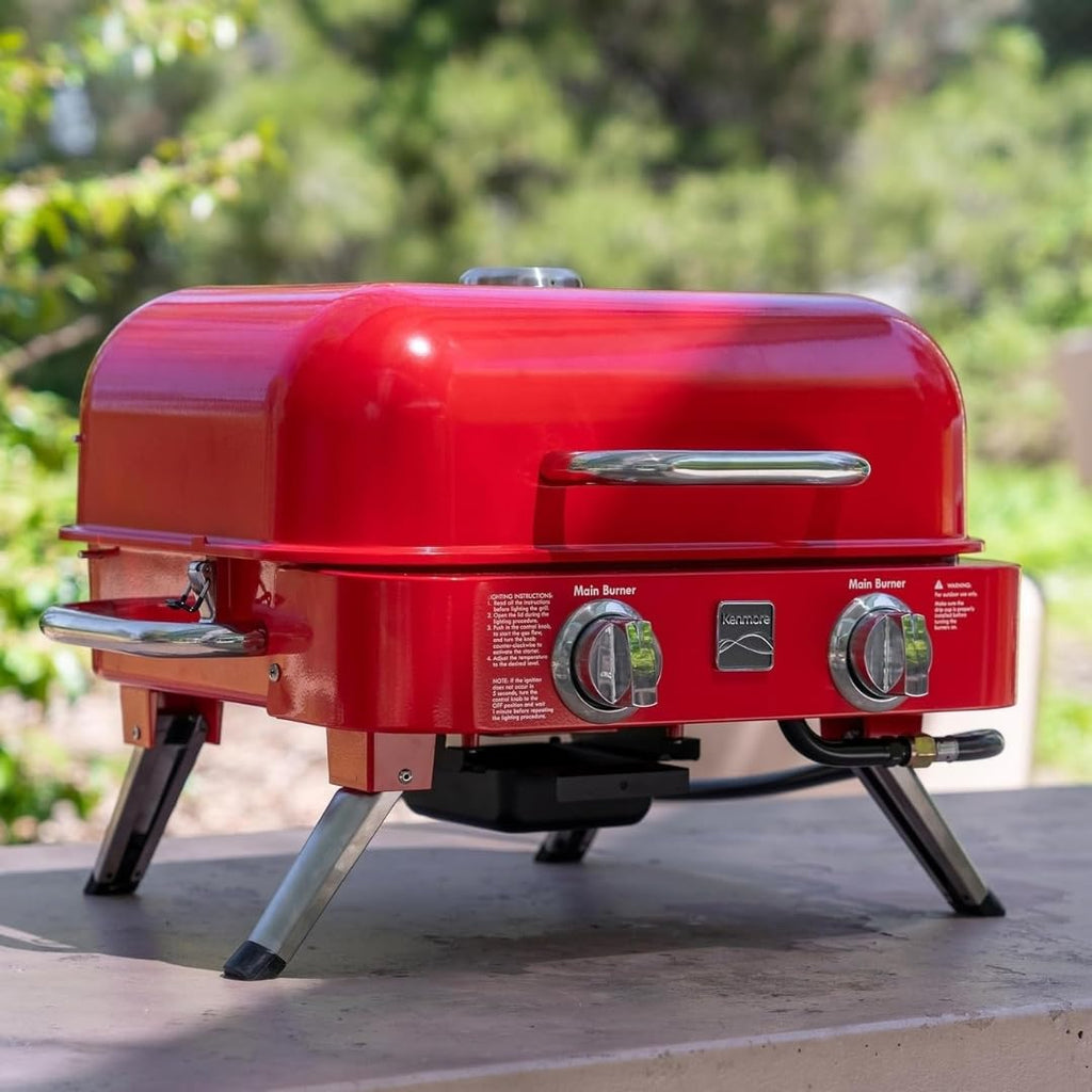 Portable Propane Gas Grill with Warming Rack, 2 Stainless Steel Burners, 14,000 BTUs, Red M3188
