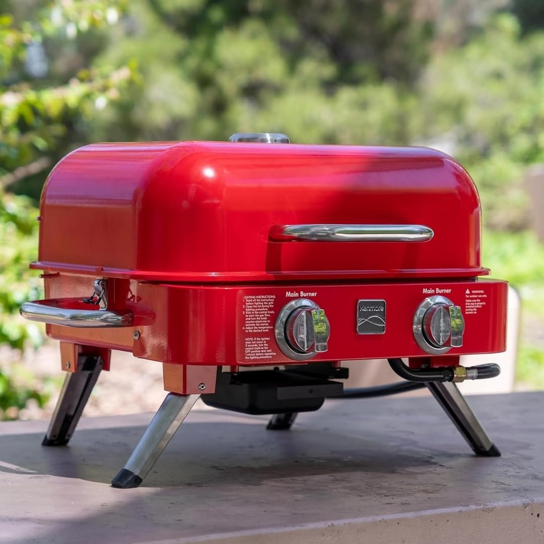 Portable Propane Gas Grill with Warming Rack, 2 Stainless Steel Burners, 14,000 BTUs, Red M3188