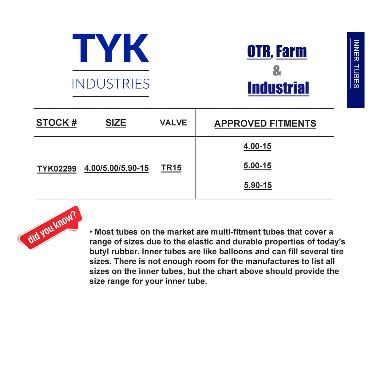 4.00-15, 5.00-15, 5.90-15 Tri Rib Tractor Tire Inner Tubes with TR15 Valve Stems P87090