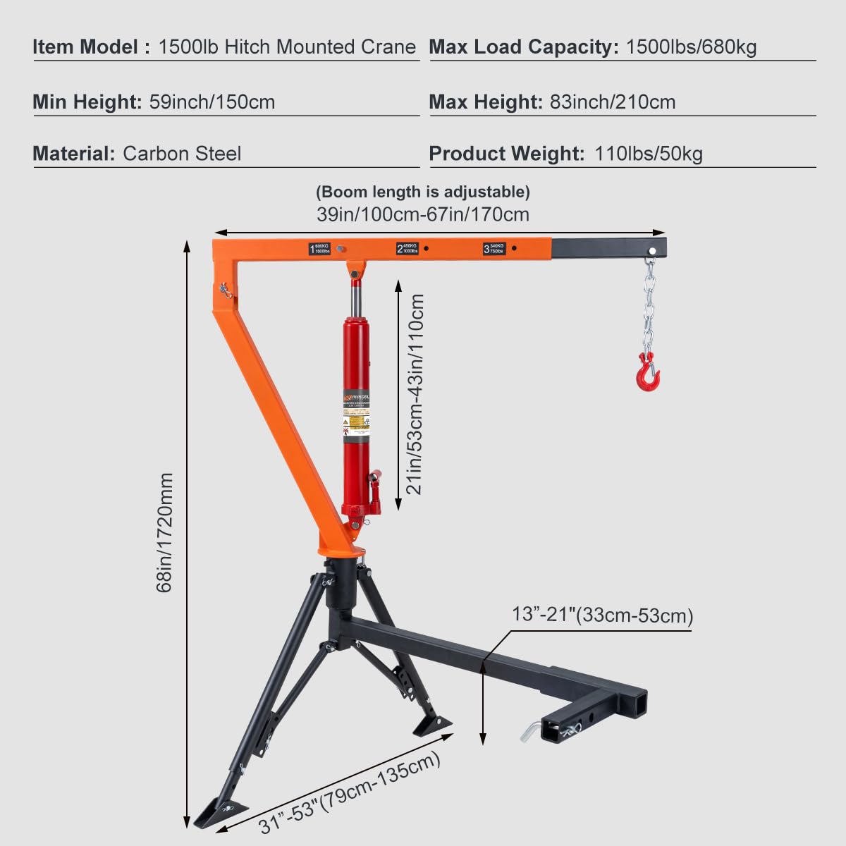 1500 lb Hydraulic Hitch Mounted Truck Crane I7486