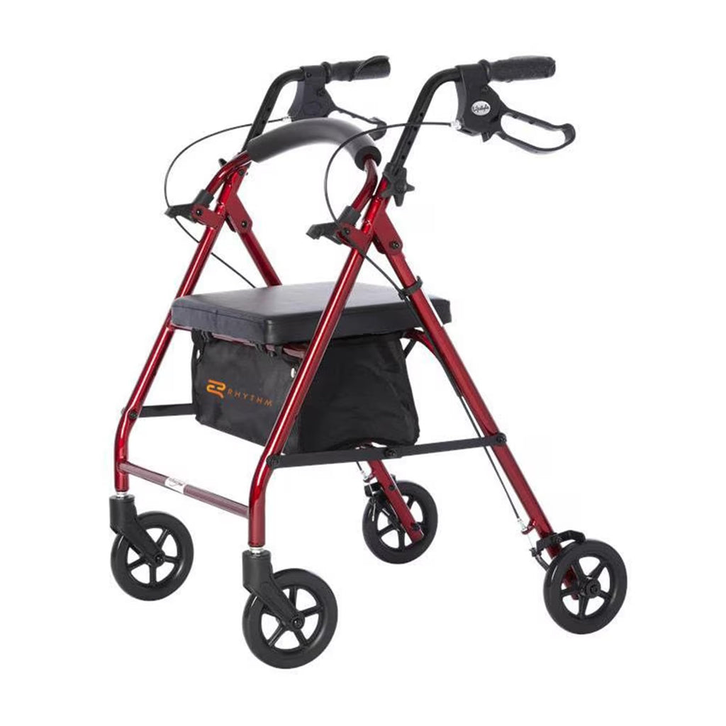 Red Aluminum 4 Wheel Rollator with Padded Seat D634997