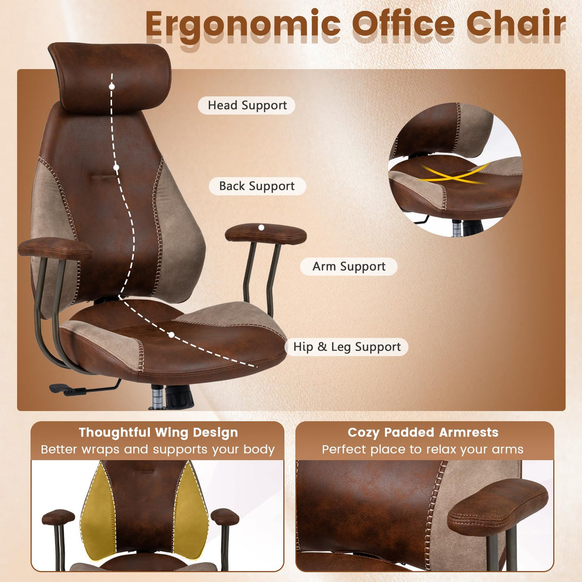 Brown Faux Fur Ergonomic Office Chair with Headrest and Wheels Q800