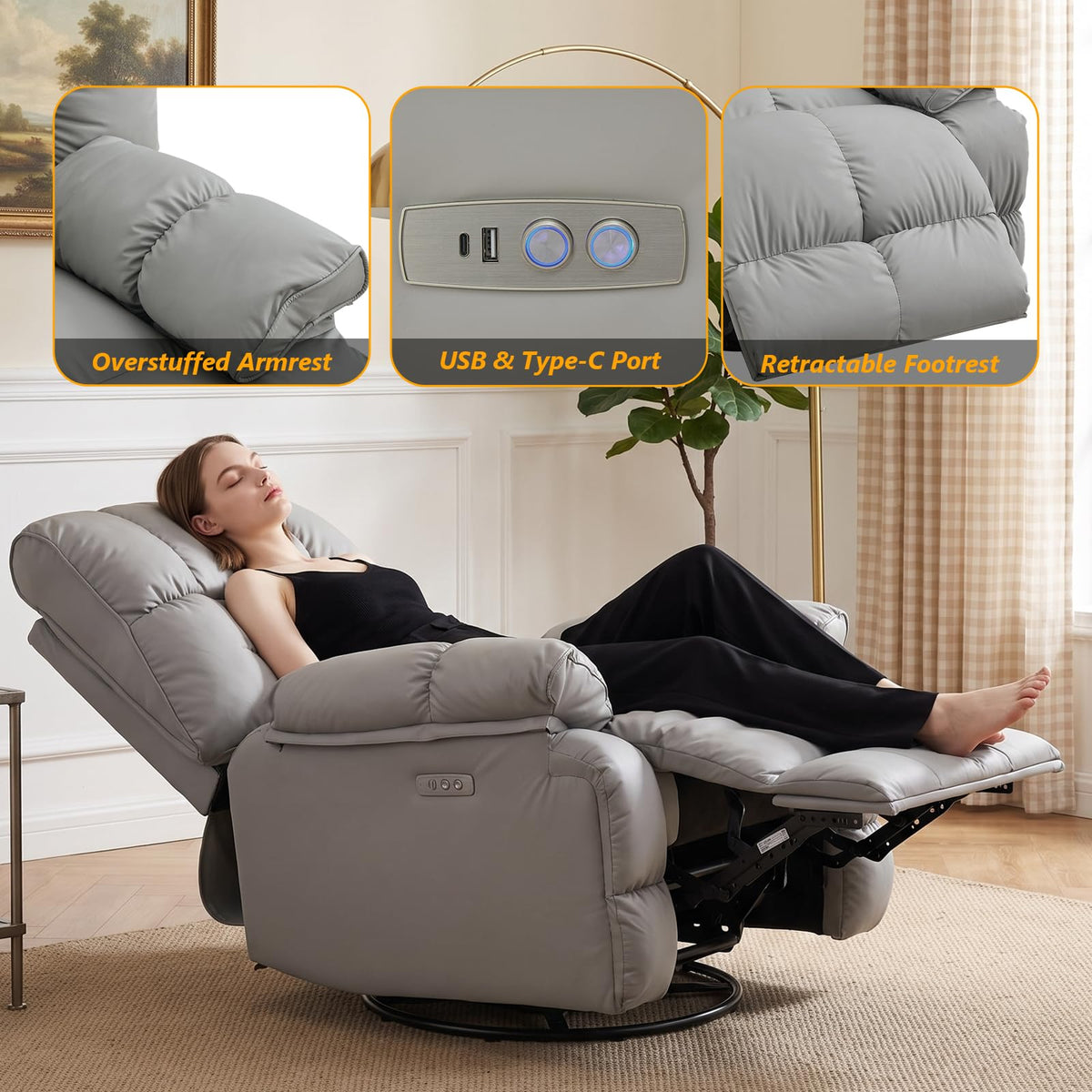 Oversized Gray Leather Power Swivel Rocker Recliner F26428