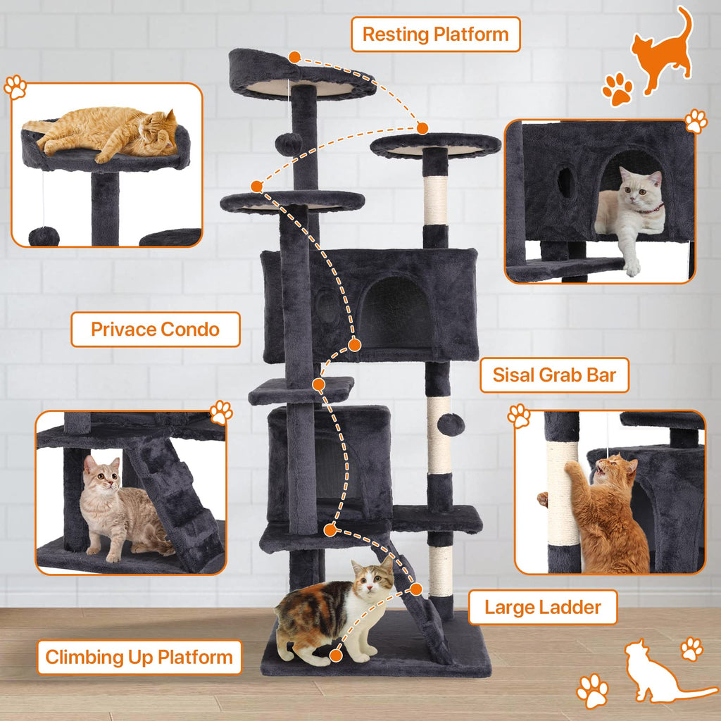 70 Inch Light Gray Cat Tree with 2 Condos, 3 Scratching Posts P9886