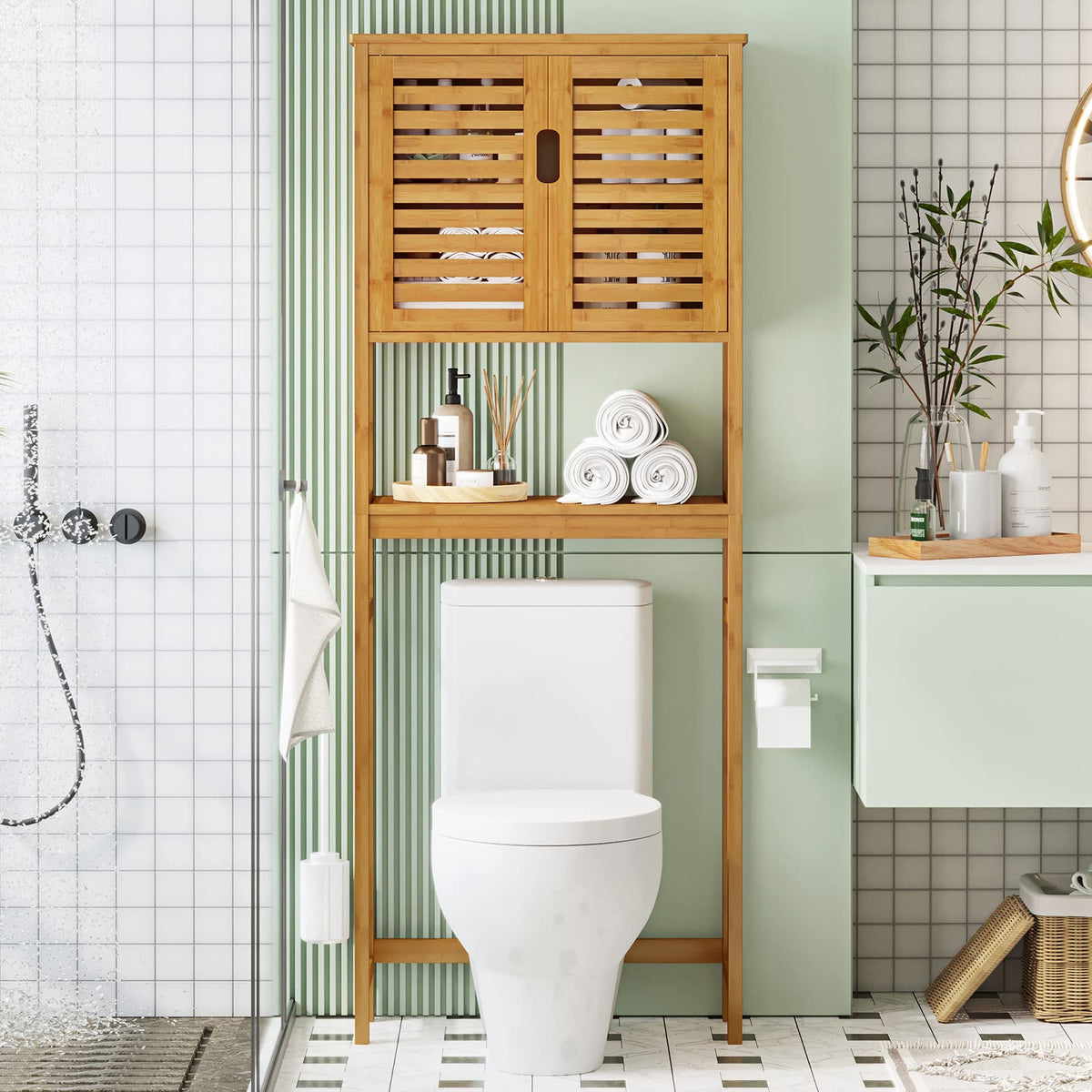 Over The Toilet Storage Cabinet with Adjustable Shelves Bamboo H38646