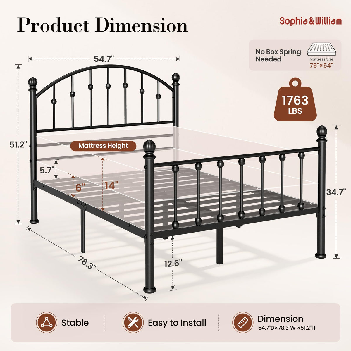 Full Size Metal Bed Frame with Tall Headboard R573