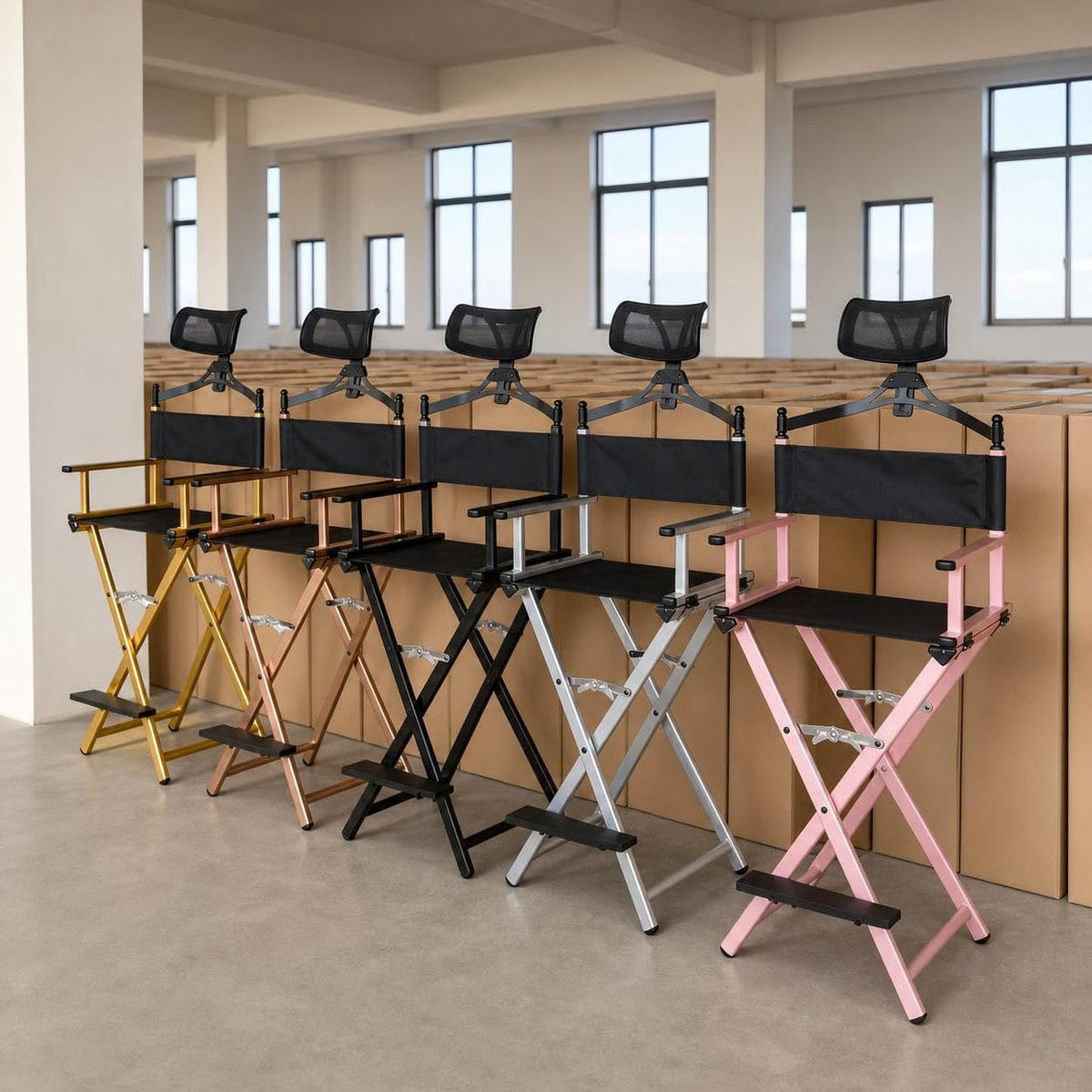 Aluminum Folding Director Chair with Headrest, Adjustable Height, Side Tray and Phone Holder Y7484