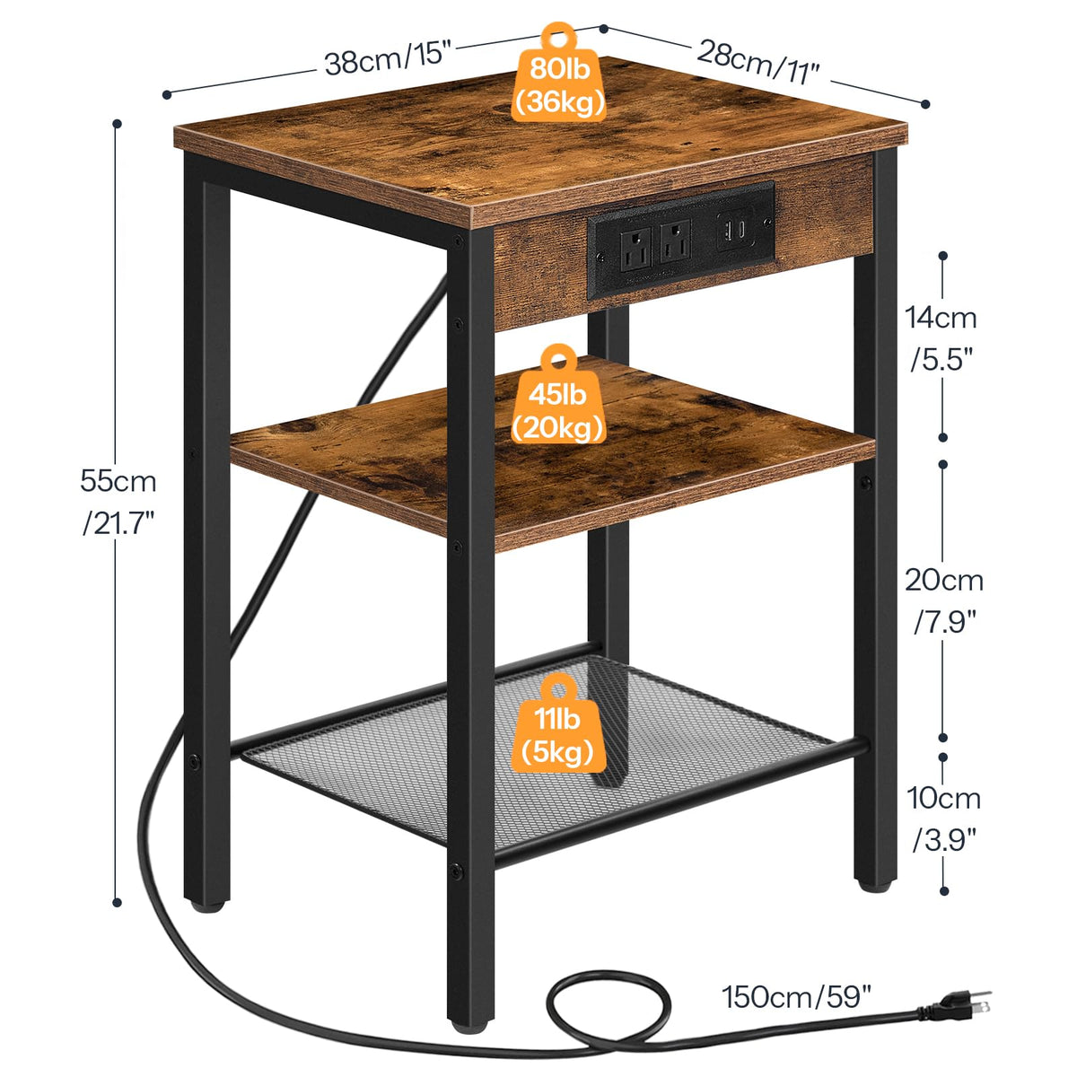Side Table with Charging Station and USB Port, 3-Tier Nightstand with Adjustable Shelf, Rustic Brown S132