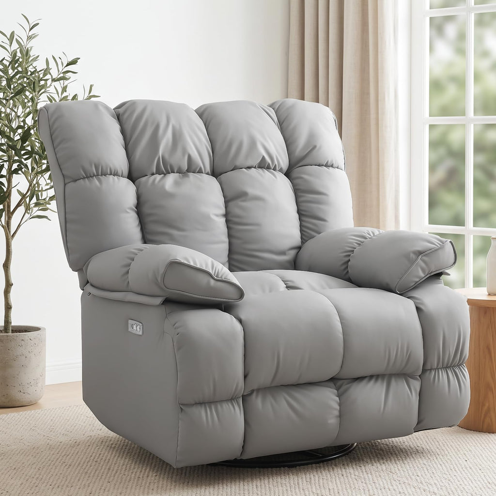 Oversized Gray Leather Power Swivel Rocker Recliner F26428