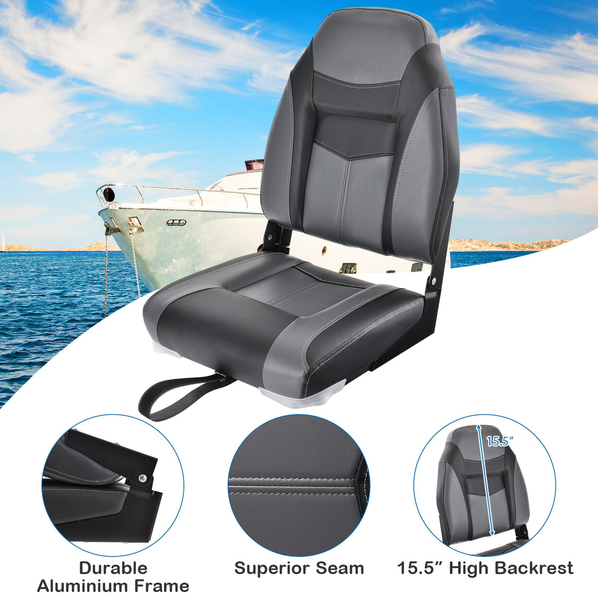 2 Pack Black Grey High Back Folding Boat Seats M376