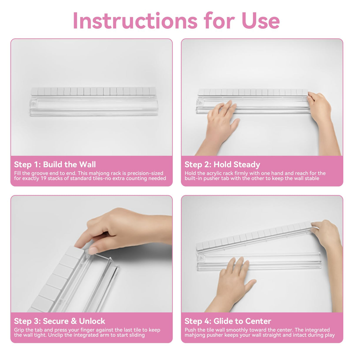 Set of 4 Non-Slip Clear Acrylic Mahjong Racks with Pushers V9576