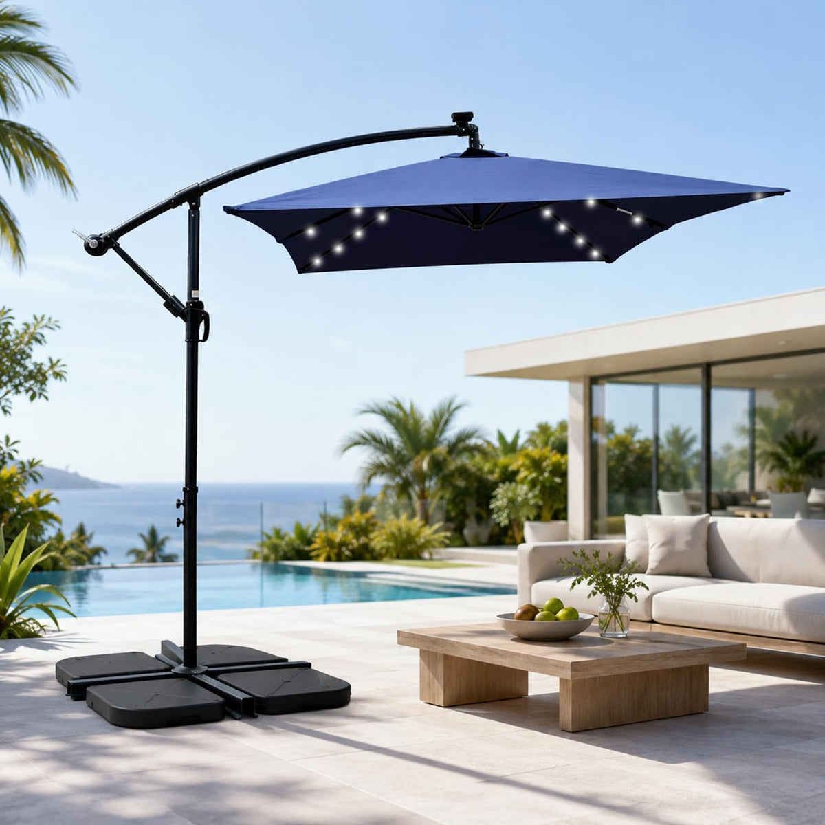 10x6.5FT Navy Blue Solar Offset Patio Umbrella U502841