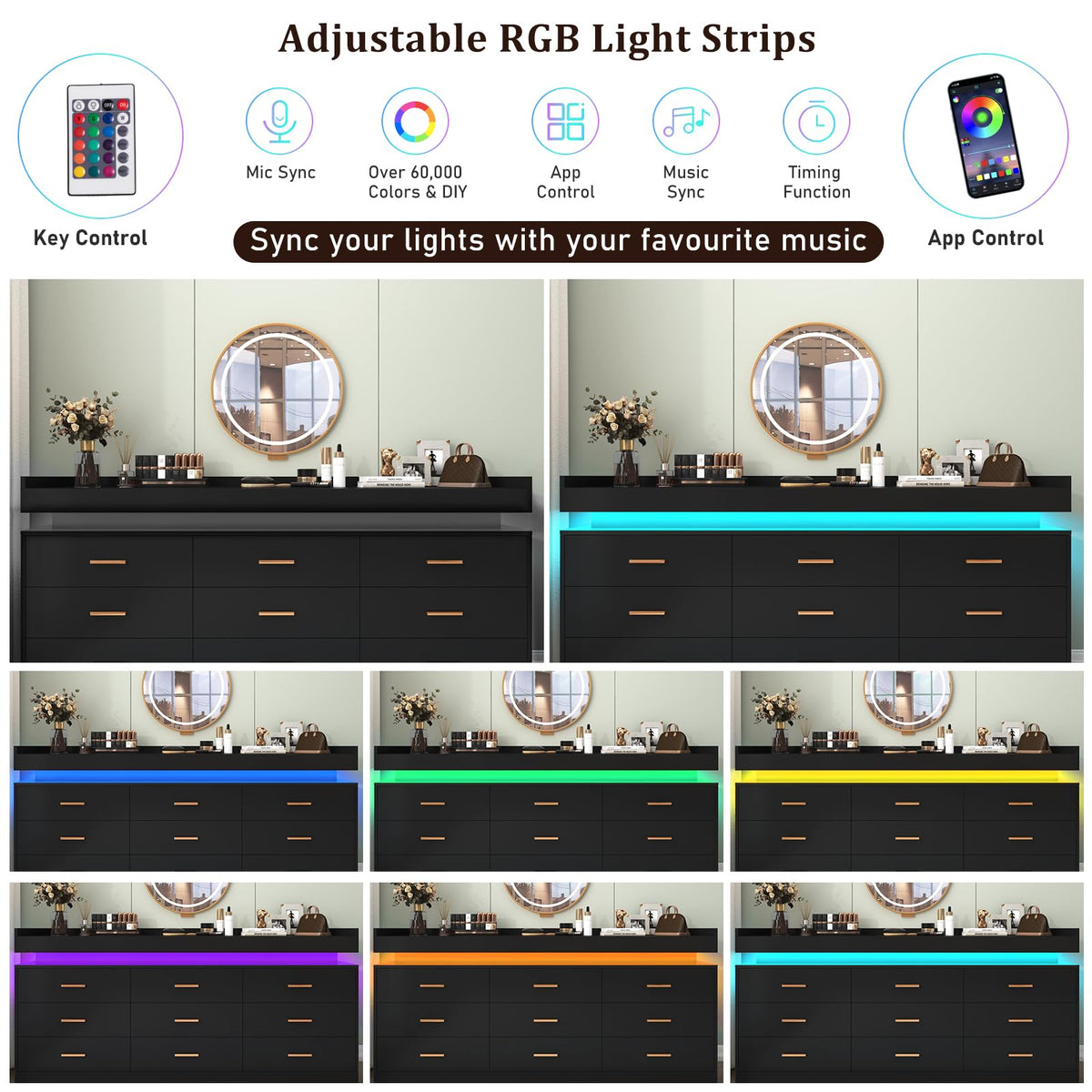 9 Drawer Dresser with LED Light and Charging Station K68987