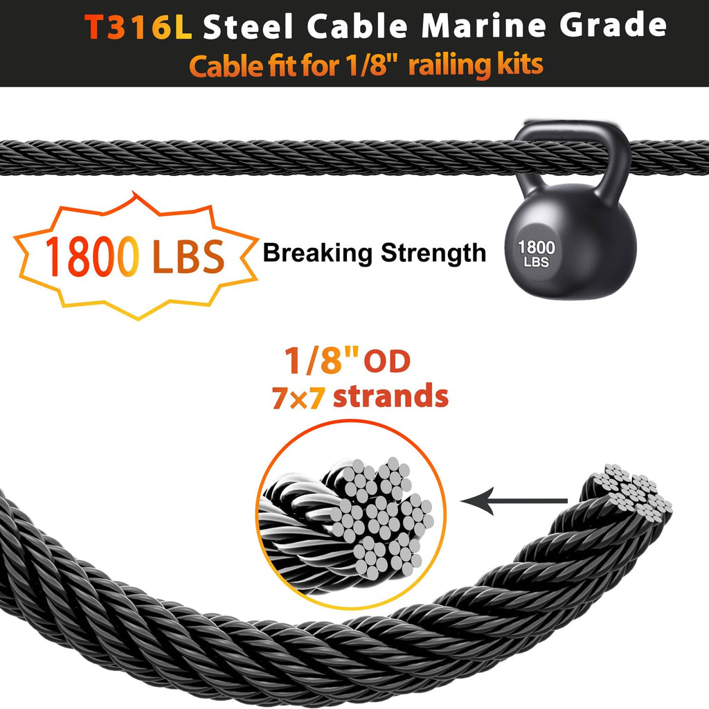 Black Stainless Steel Cable for Railing 220FT 1/8" T316 Wire Rope O107536