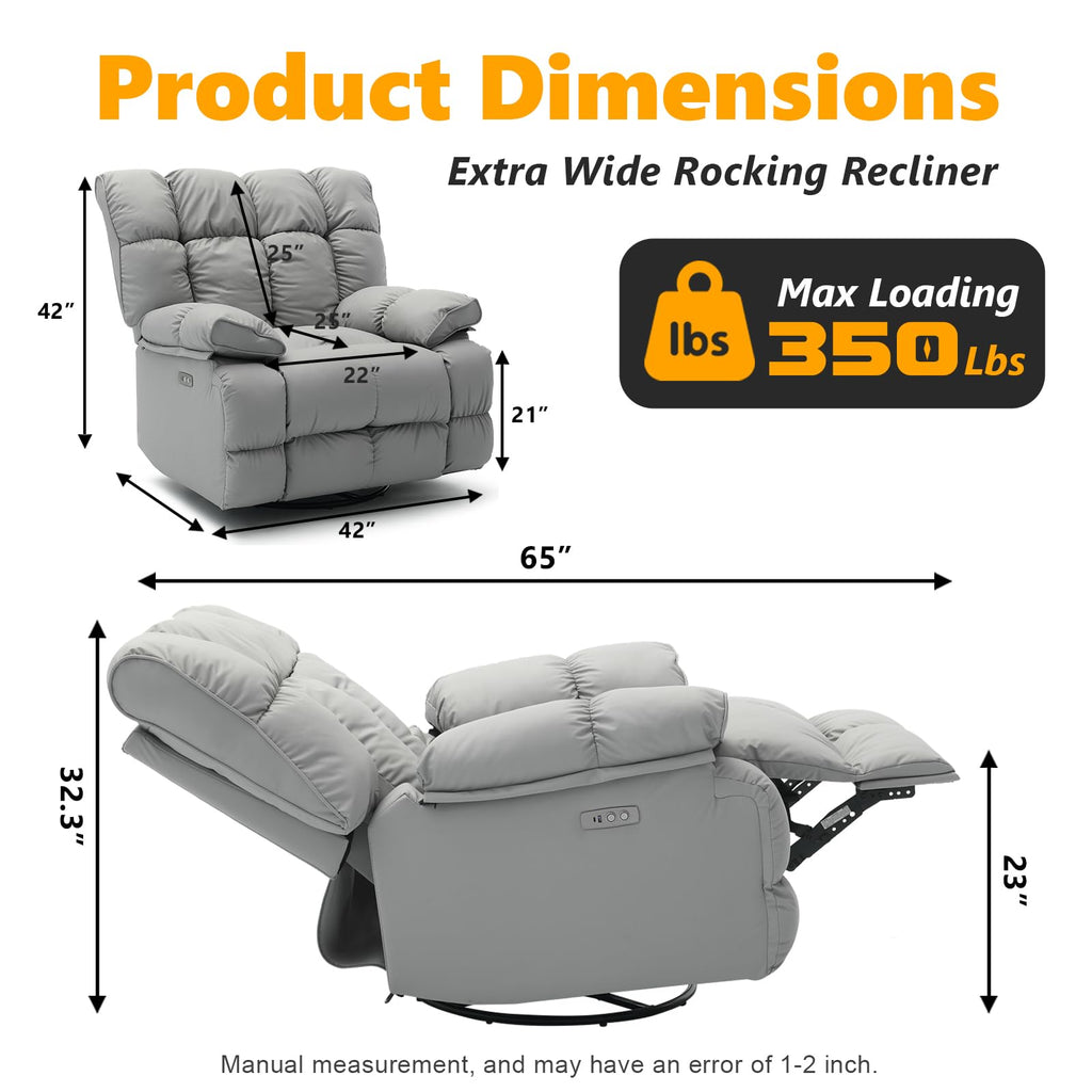 Oversized Gray Leather Power Swivel Rocker Recliner F26428