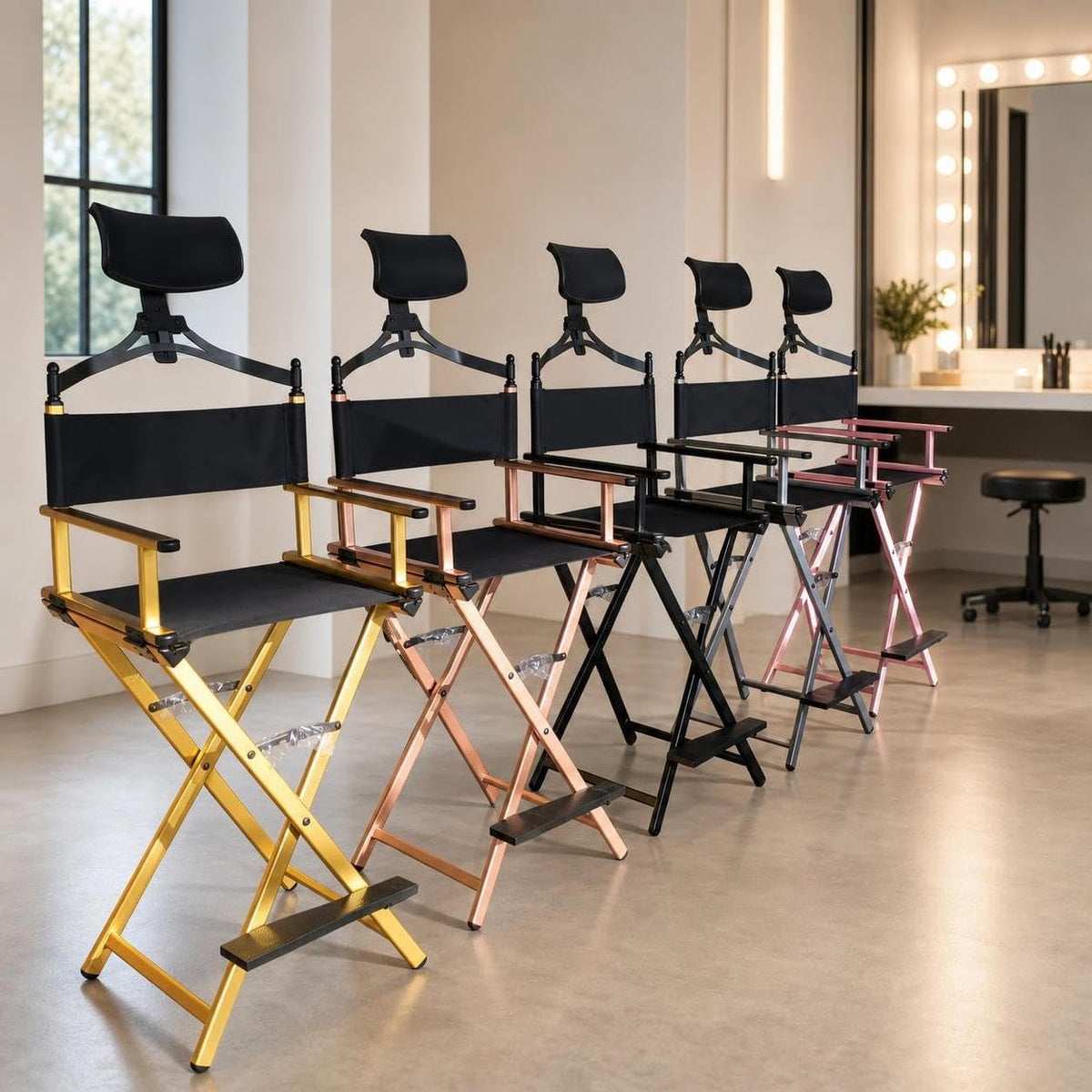 Aluminum Folding Director Chair with Headrest, Adjustable Height, Side Tray and Phone Holder Y7484