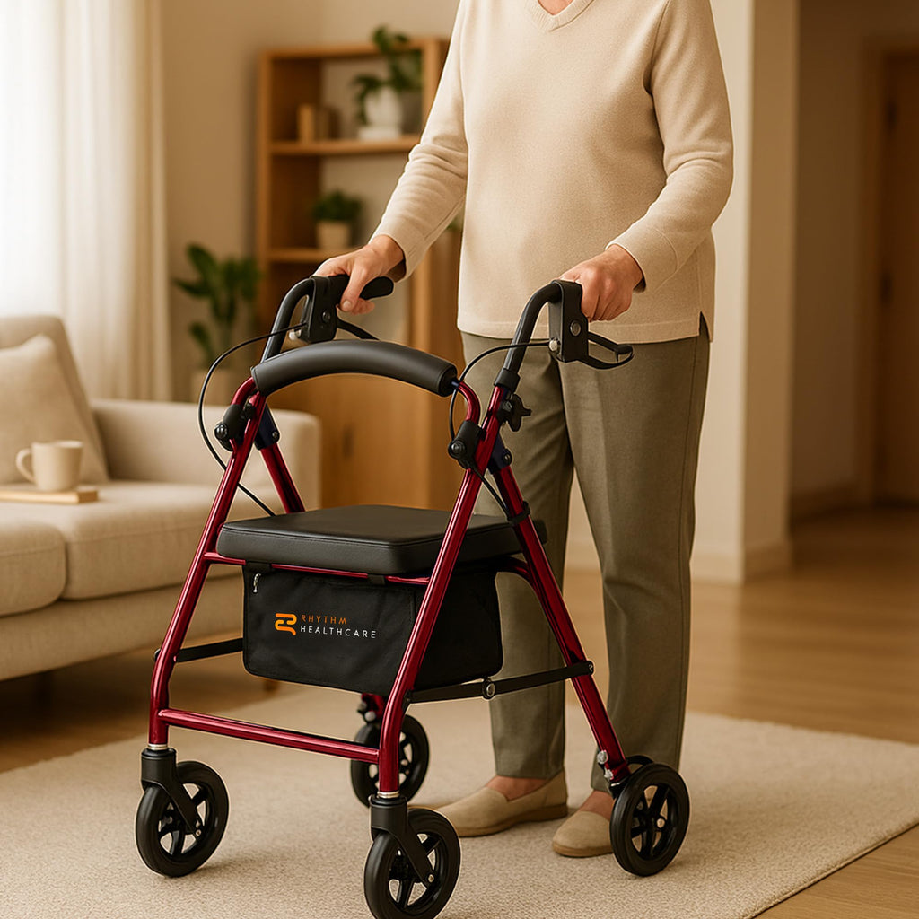 Red Aluminum 4 Wheel Rollator with Padded Seat D634997