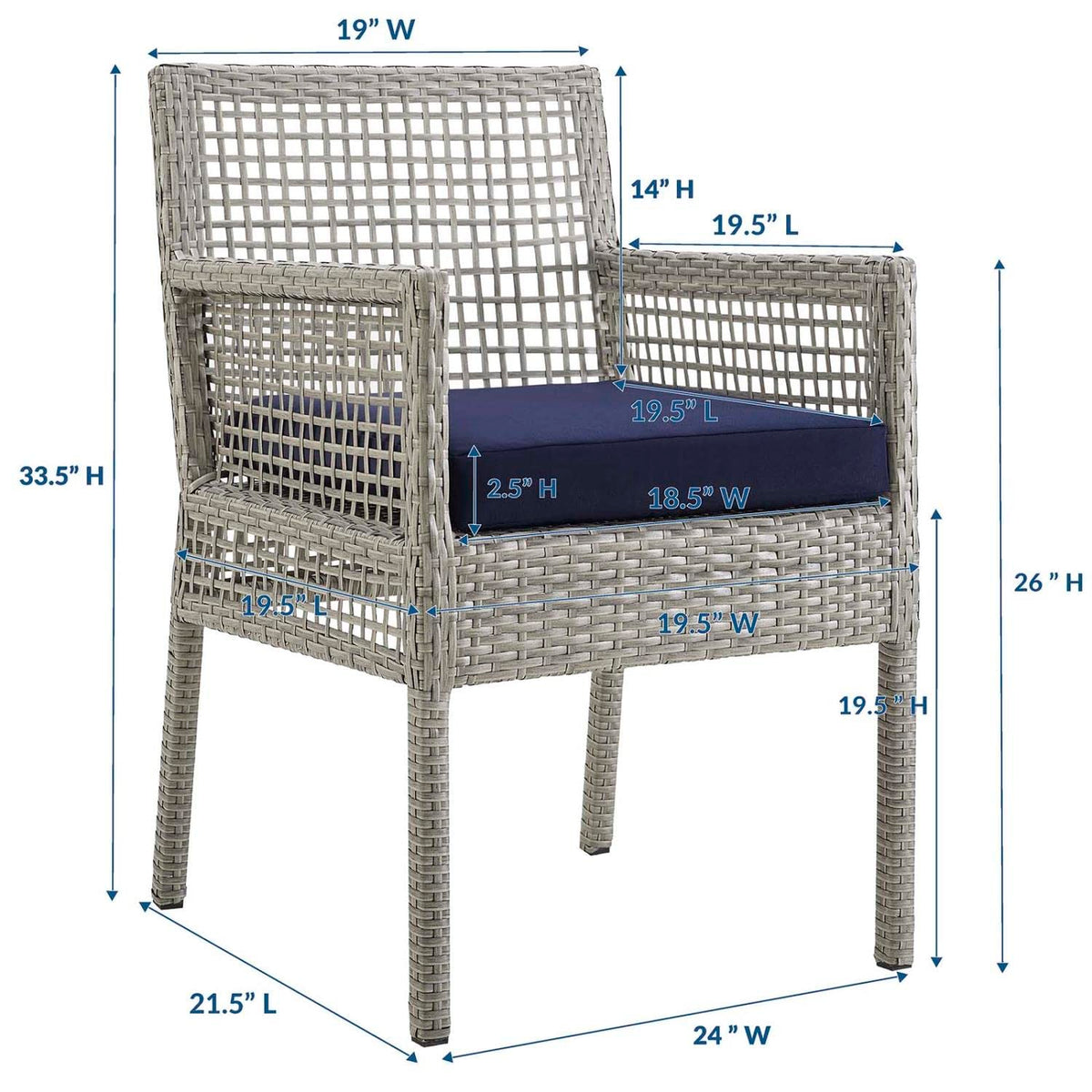 Gray Navy Wicker Rattan Outdoor Dining Arm Chair with Cushion Q67320
