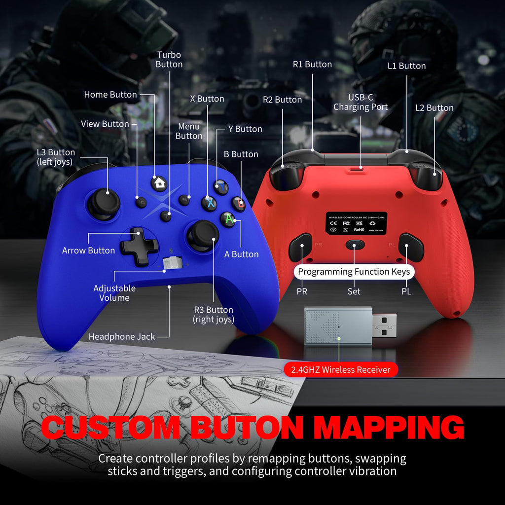 2 Pack Wireless Controller with Turbo Macro Hall Trigger Dual Vibration 3.5mm Audio Jack Built-in Battery 2.4GHz Adapter F478