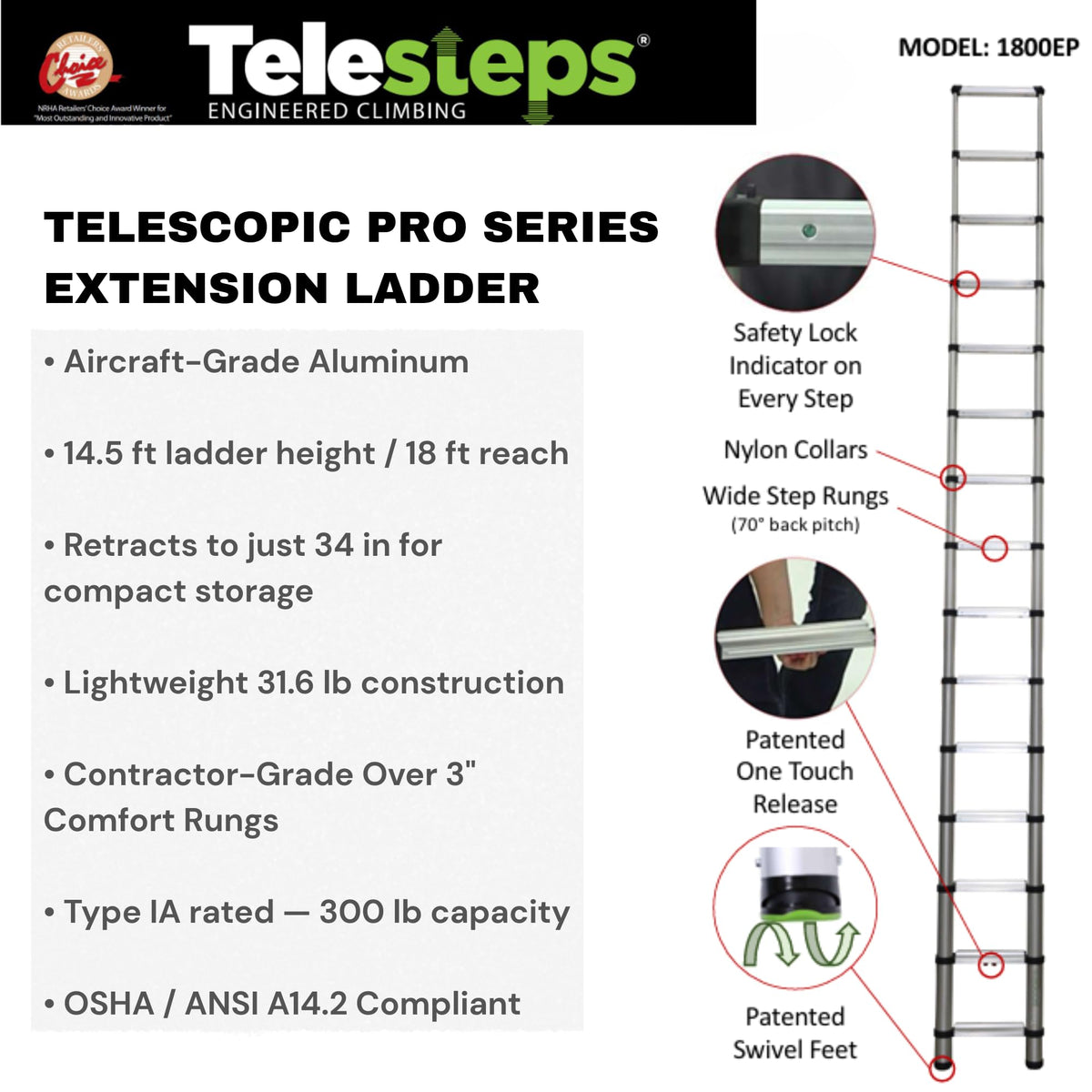 Telescoping Extension Ladder 14.5 ft 300 lb T9642