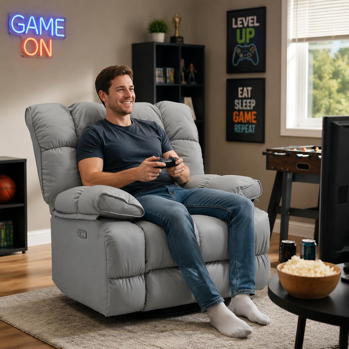 Oversized Gray Leather Power Swivel Rocker Recliner F26428