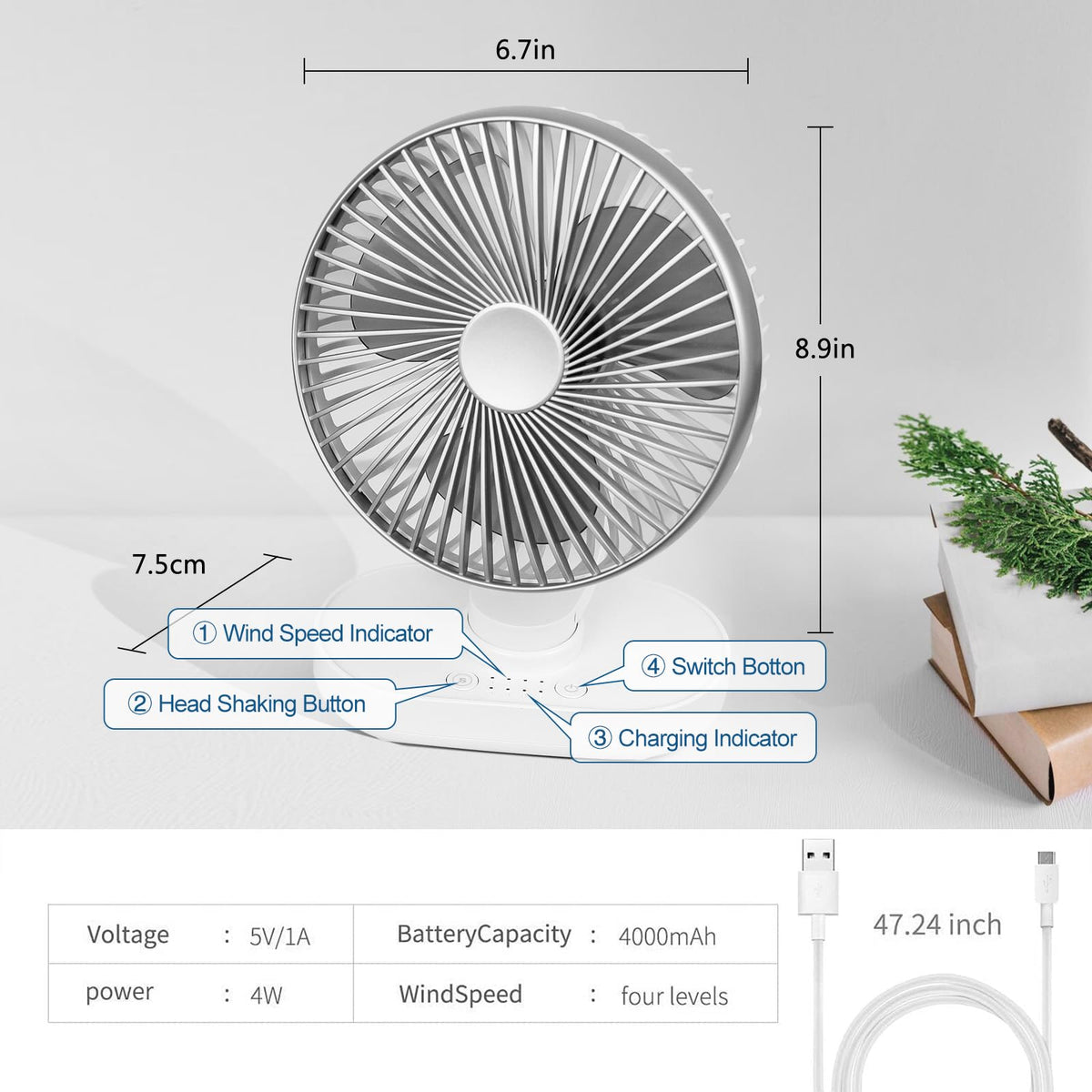 4000mAh Rechargeable Oscillating Desk Fan White D600