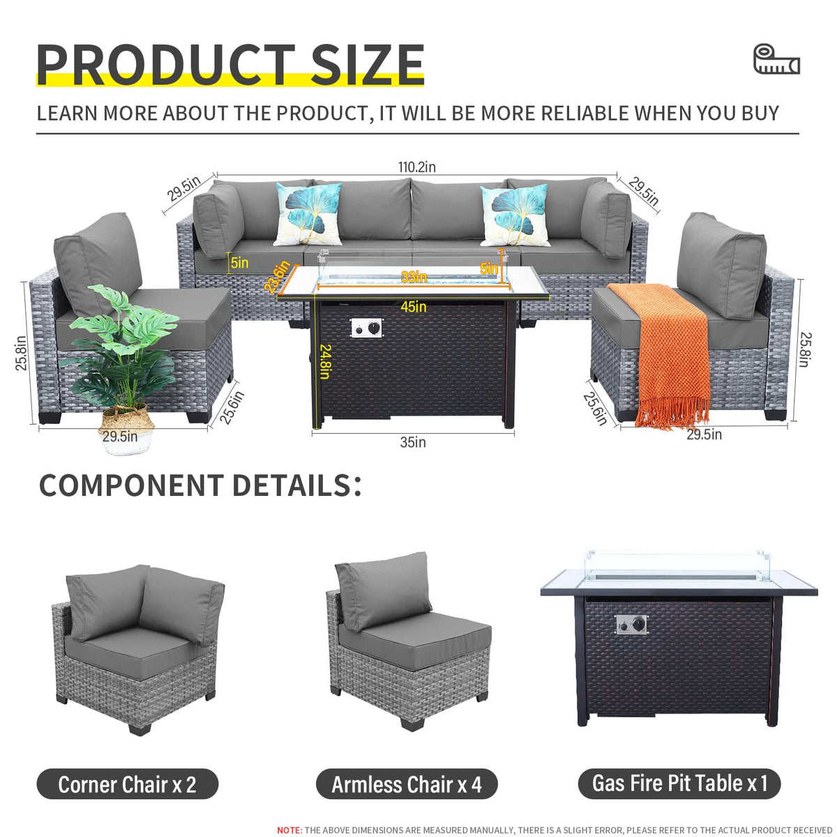 7 Pieces Wicker Patio Furniture Set with Fire Pit Table C7216