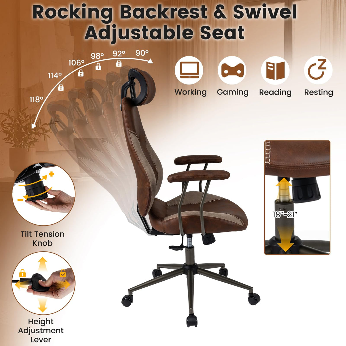 Brown Faux Fur Ergonomic Office Chair with Headrest and Wheels Q800