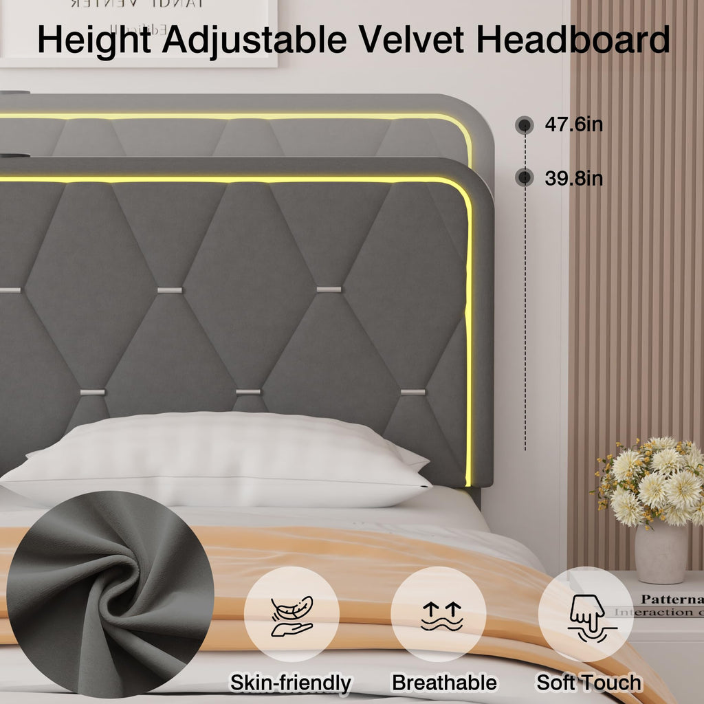Dark Grey Velvet Upholstered Queen Bed Frame with Headboard V233