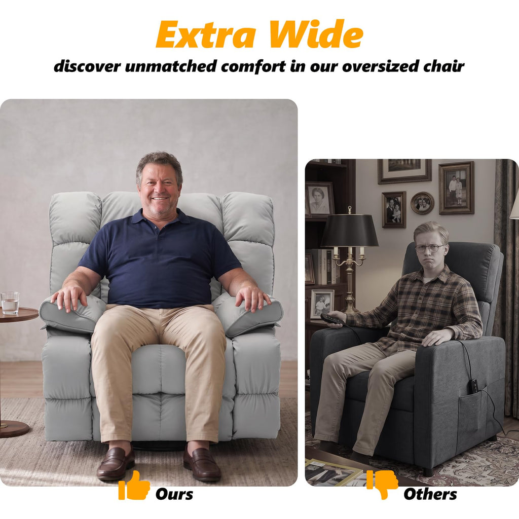Oversized Gray Leather Power Swivel Rocker Recliner F26428