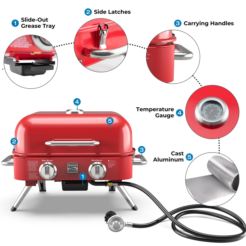 Portable Propane Gas Grill with Warming Rack, 2 Stainless Steel Burners, 14,000 BTUs, Red M3188