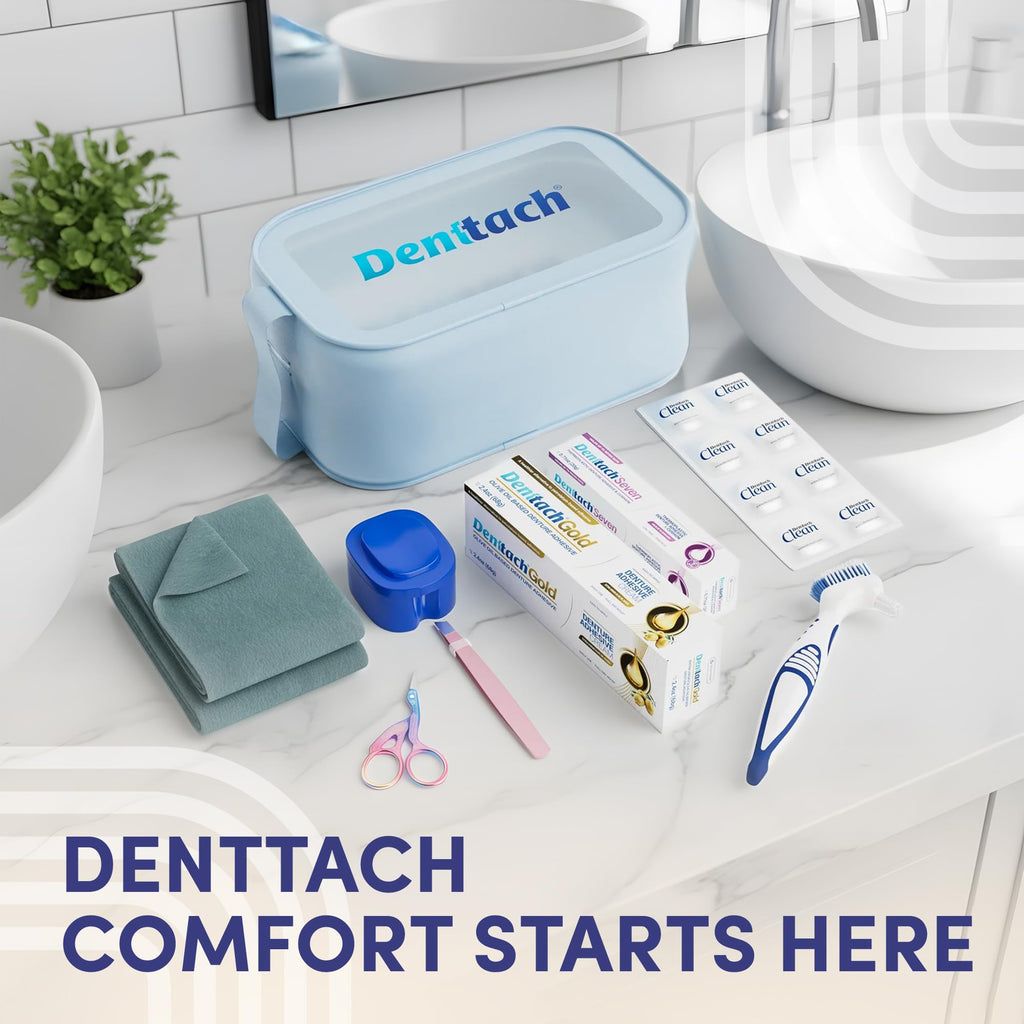 9 Piece Denture Starter Kit with Adhesive, Clean Tablets, Case, Brush, Scissors, Tweezers & Towel S558