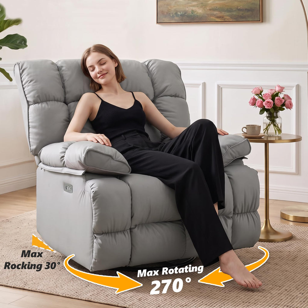 Oversized Gray Leather Power Swivel Rocker Recliner F26428