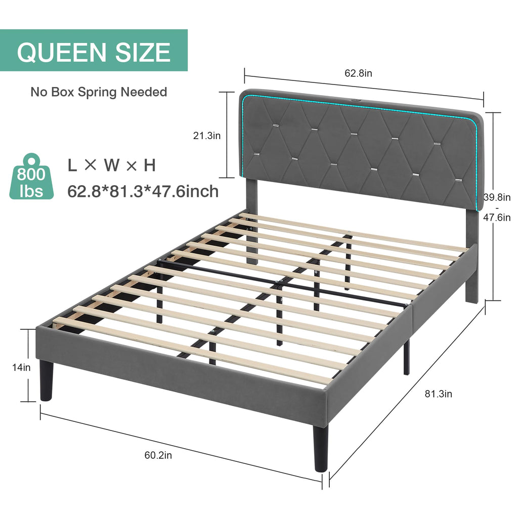 Dark Grey Velvet Upholstered Queen Bed Frame with Headboard V233
