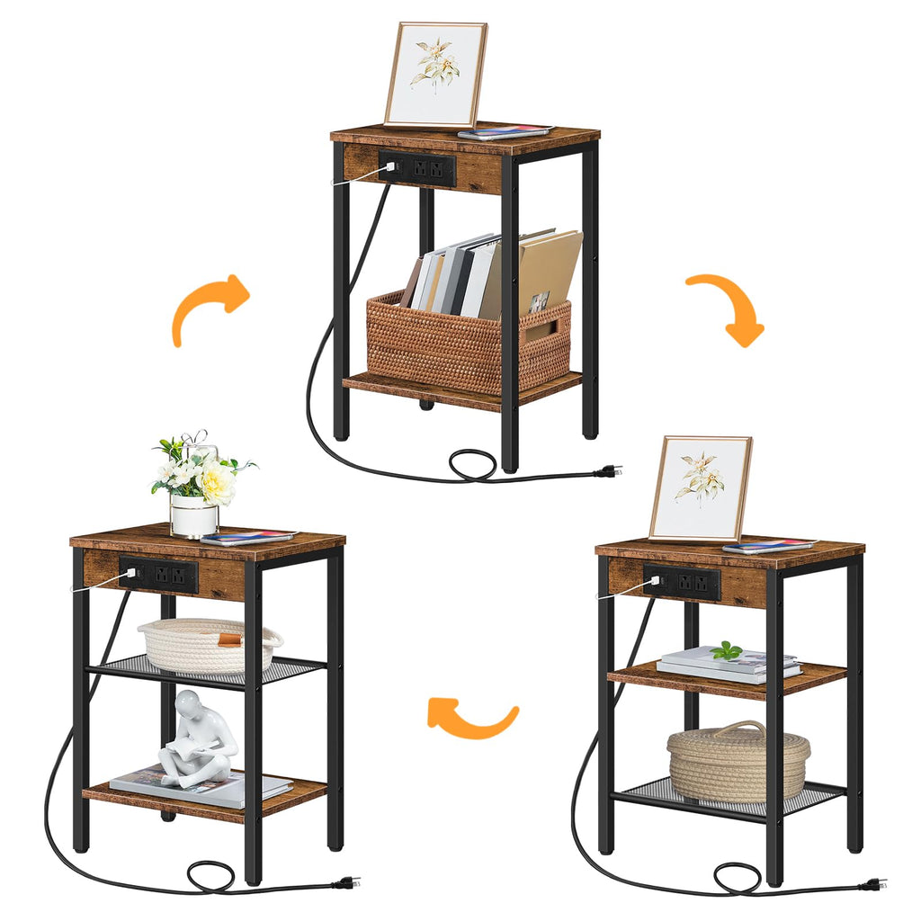 Side Table with Charging Station and USB Port, 3-Tier Nightstand with Adjustable Shelf, Rustic Brown S132