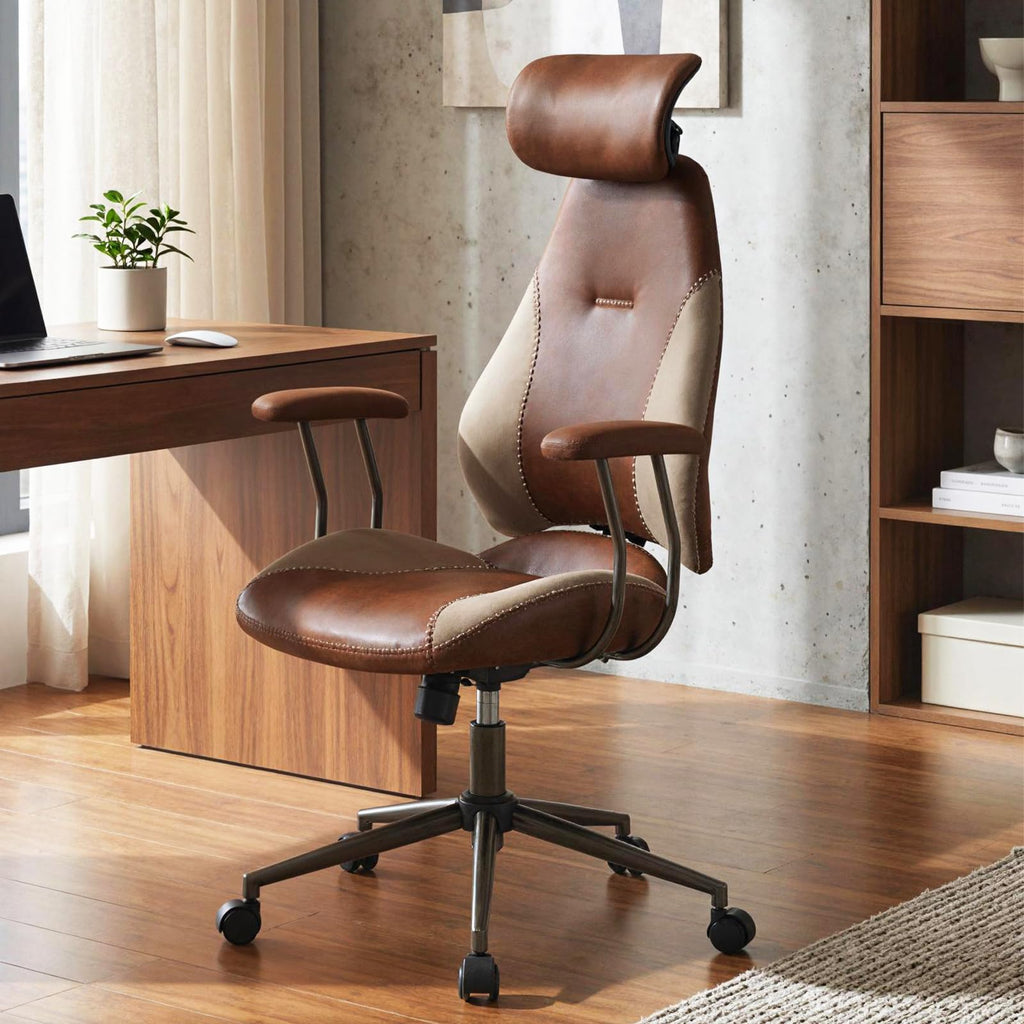 Brown Faux Fur Ergonomic Office Chair with Headrest and Wheels Q800