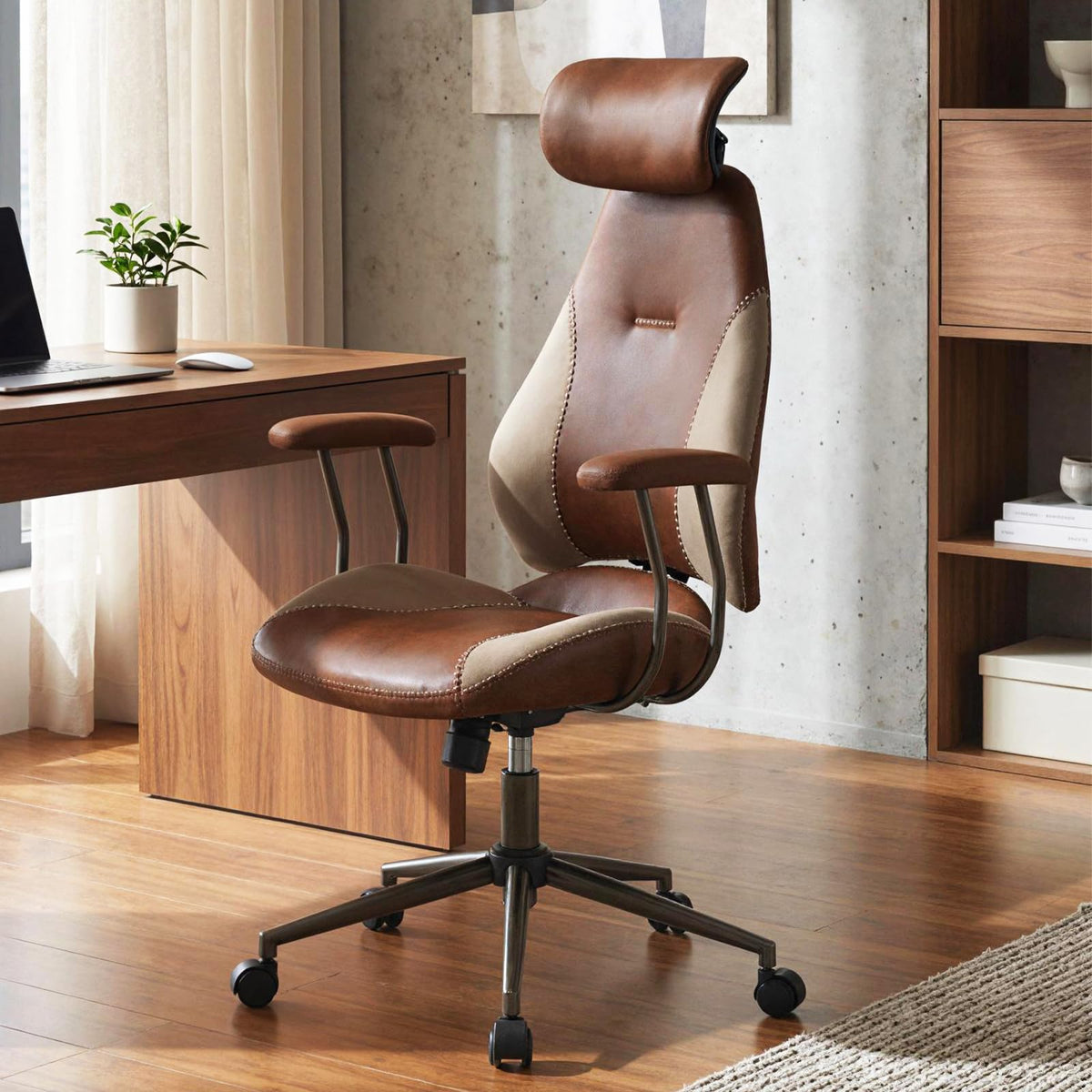 Brown Faux Fur Ergonomic Office Chair with Headrest and Wheels Q800