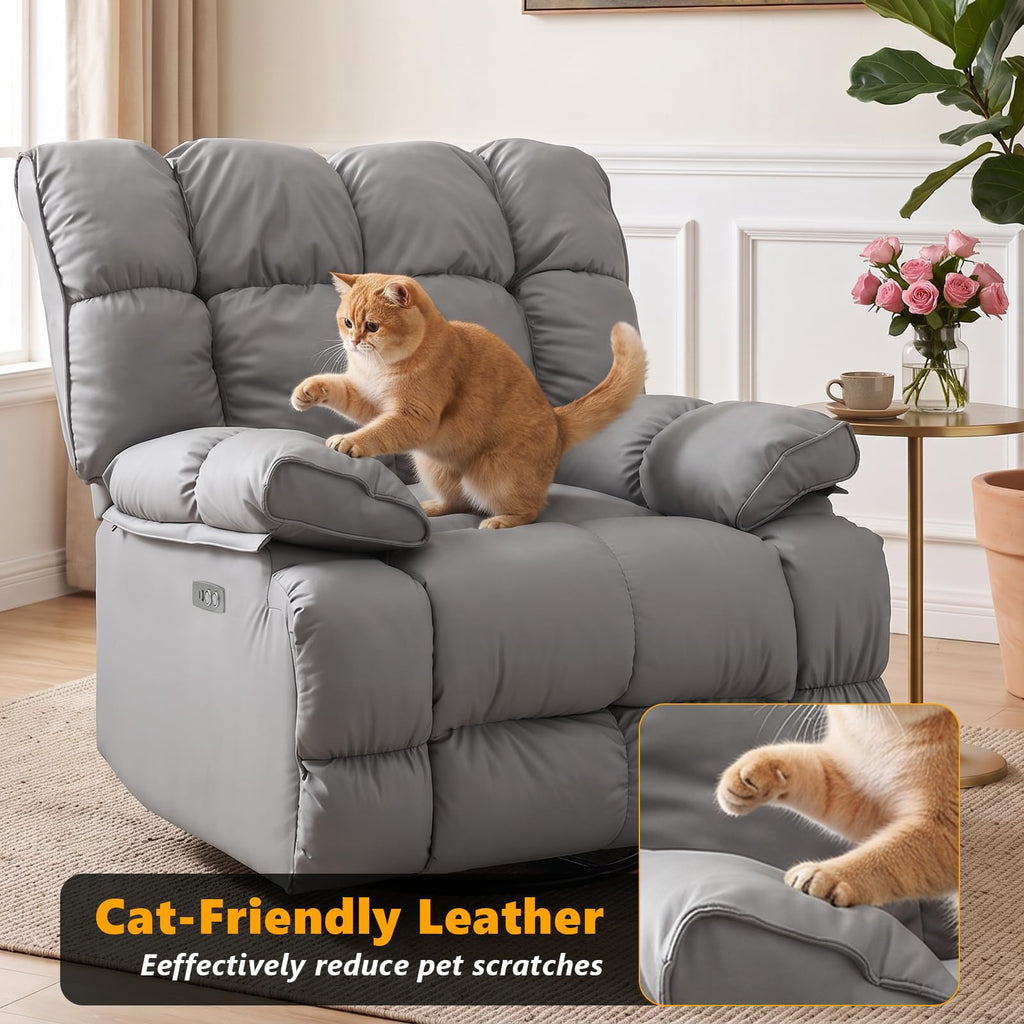 Oversized Gray Leather Power Swivel Rocker Recliner F26428
