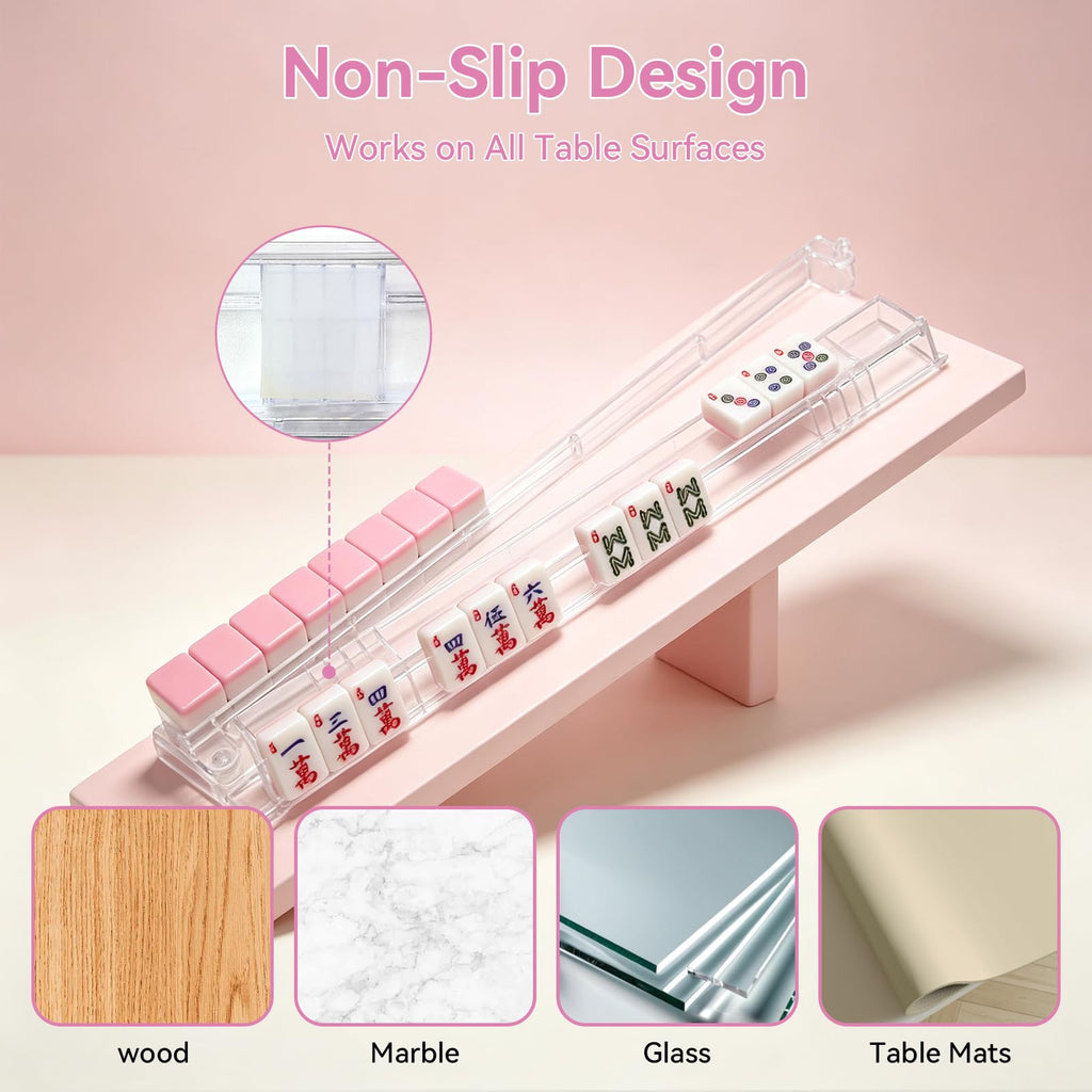 Set of 4 Non-Slip Clear Acrylic Mahjong Racks with Pushers V9576