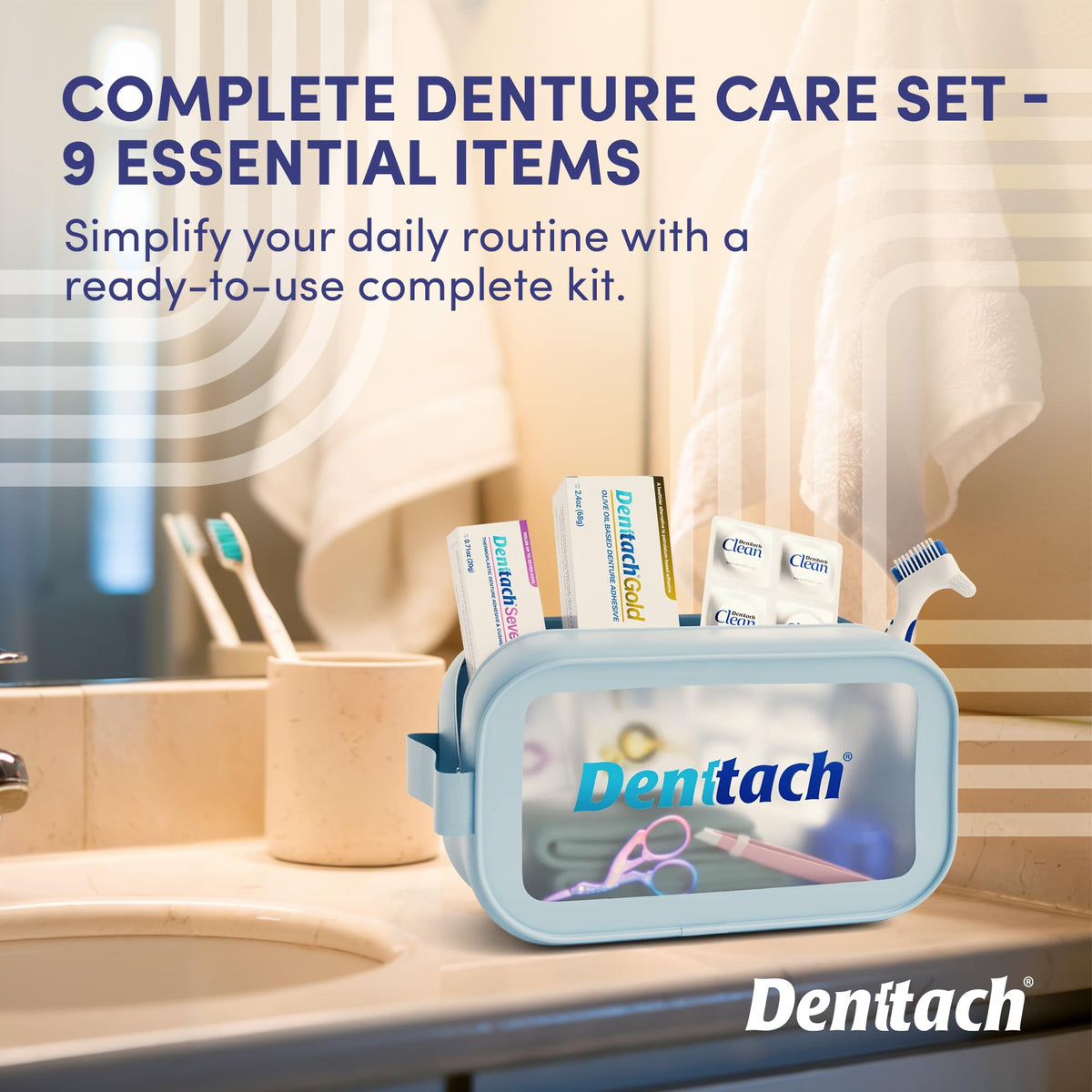 9 Piece Denture Starter Kit with Adhesive, Clean Tablets, Case, Brush, Scissors, Tweezers & Towel S558